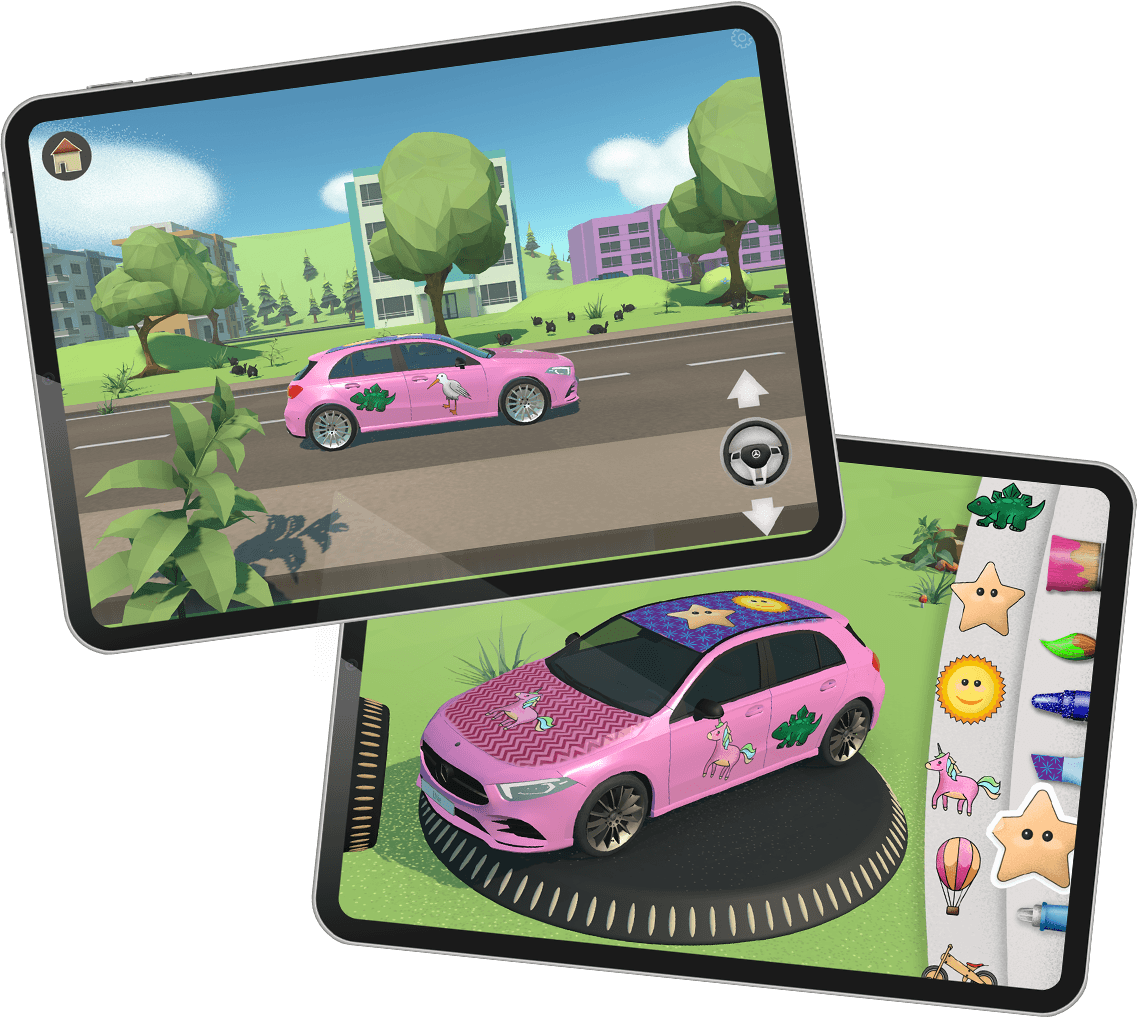 Interaktives Spiel für die Kleinsten: mit dem Finger sein Auto in 3D bemalen und damit rumfahren