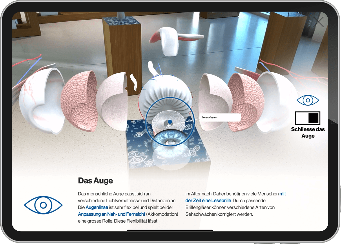 Das Auge l&auml;sst sich im Raum dank Augmented Reality auf &uuml;ber einen Meter hinweg in Einzelteile zerlegen und 360&deg; betrachten