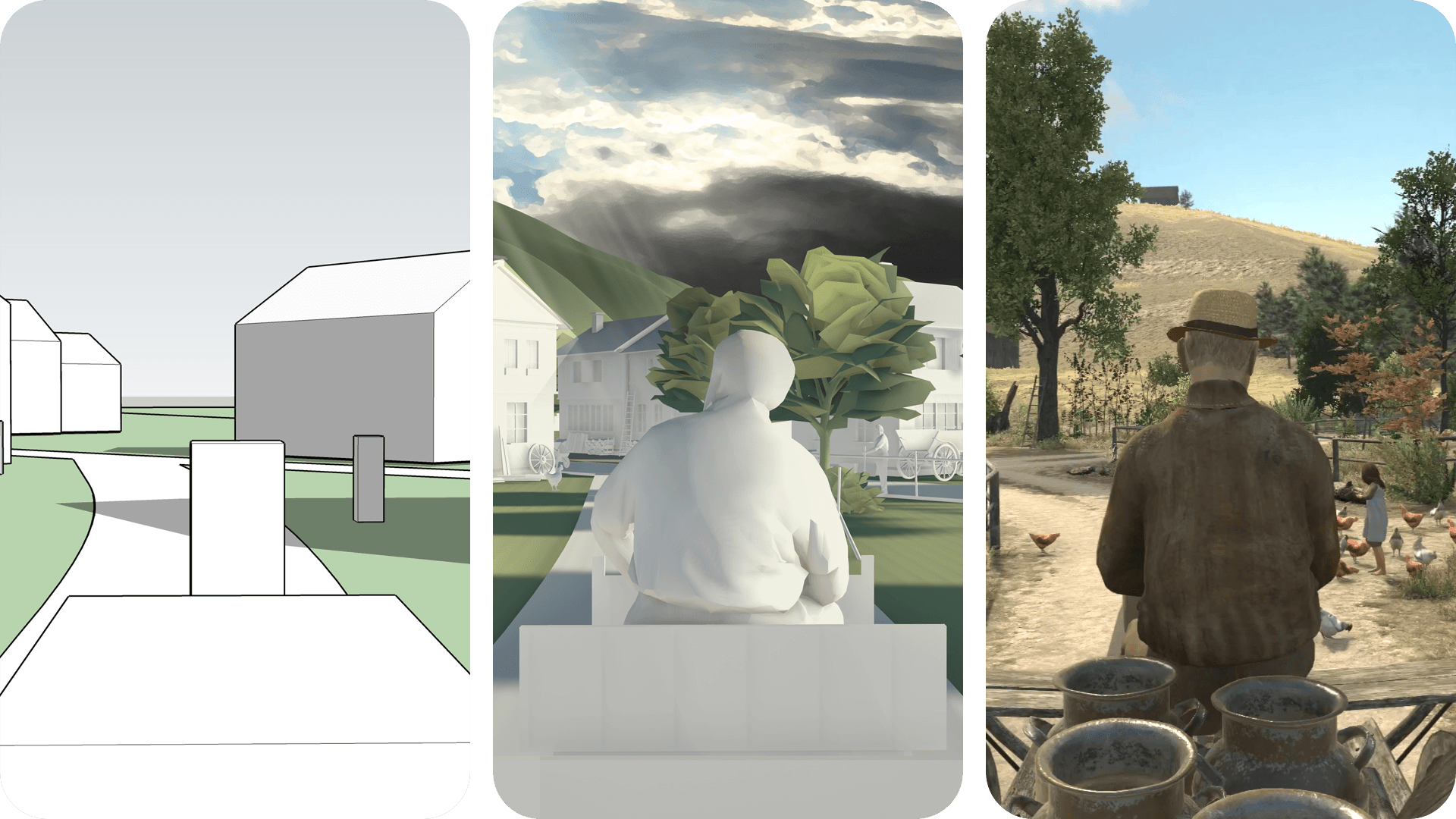 Dreistufiges Vorgehen: zuest weisse Bl&ouml;cke in 3D, dann mit vereinfachtem Design und am Schluss f&uuml;r VR komplett texturiert